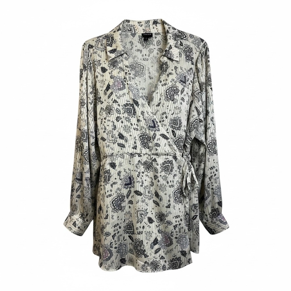 TORRID Floral Wrap Blouse Shirt Tie Waist Long Sleeve Beige Pink Blue ‎ 3X